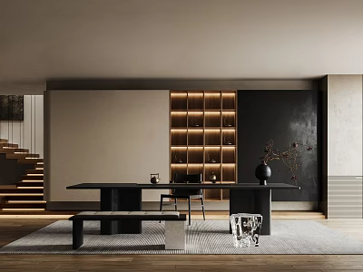 Modern Tea Room Interior With Dark Long Table Black Chairs Wooden Lattice Display Shelf 3d model
