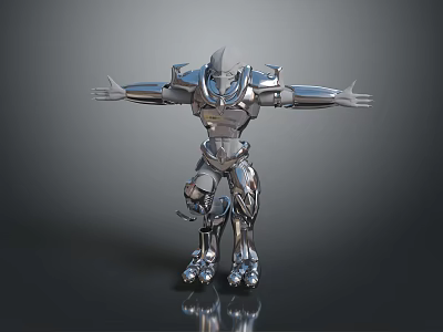 Game Movie Character Robot with Metallic Armor Mechanical Structure Standing Pose on Reflective Surface 3d model