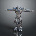 Game Movie Character Robot with Metallic Armor Mechanical Structure Standing Pose on Reflective Surface