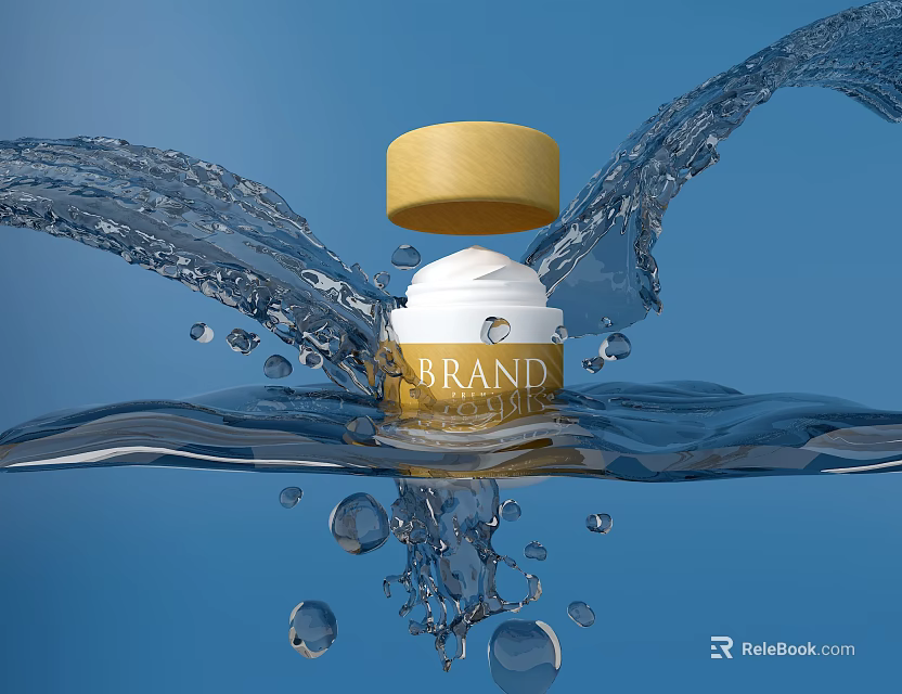 Refreshing White Cosmetic Cream Featuring Yellow Lid Water Splash and Droplets in Blue Background 3d model 