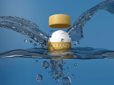 Refreshing White Cosmetic Cream Featuring Yellow Lid Water Splash and Droplets in Blue Background 3d model