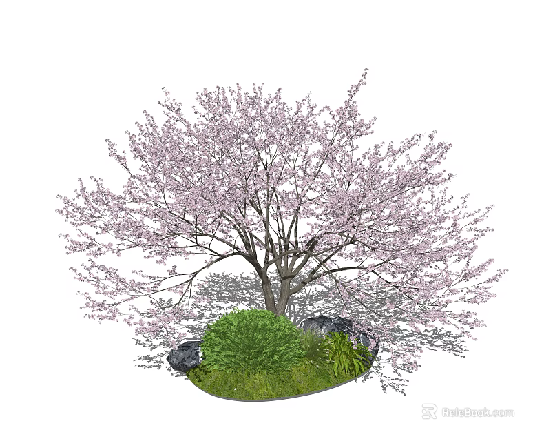 Beautiful Arbor With Pink Blossoms Surrounded By Green Shrubs And Stones 3d model 