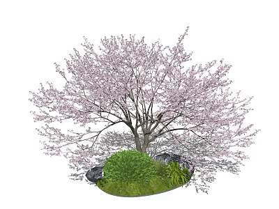 Beautiful Arbor With Pink Blossoms Surrounded By Green Shrubs And Stones 3d model