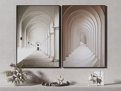 Two Arched Corridor Paintings in Black White and Warm Tone with Wall Decorative Items 3d model