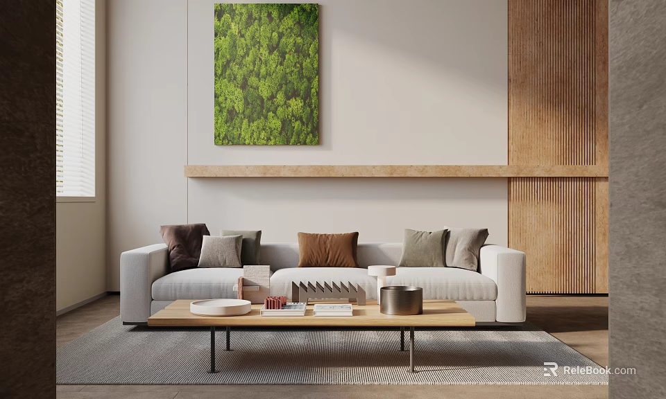 Modern Light Colored Sofa with Colorful Pillows and Wooden Coffee Table Set 3d model 