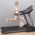 Blonde Woman Running on Black Treadmill in Bright Room with Light Curtains