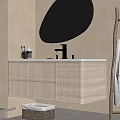 Modern Bathroom Interior With Woven Vanity Round Mirror Backlight And Natural Light