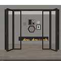 Black Glass Folding Doors Open In Modern Interior With Decorative Paintings Fireplace And Flames