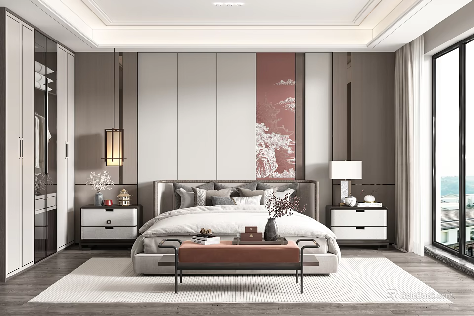 Modern Bedroom Interior Design With Bed Nightstands Table Lamps Decorative Painting And Rug 3d model 