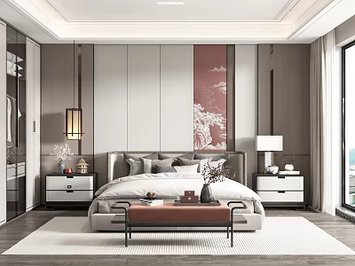 Modern Bedroom Interior Design With Bed Nightstands Table Lamps Decorative Painting And Rug 3d model
