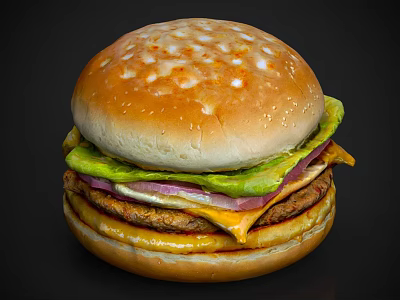 Juicy Homemade Hamburger With Toasted Bun Fresh Lettuce Melted Cheddar And Beef Patty 3d model
