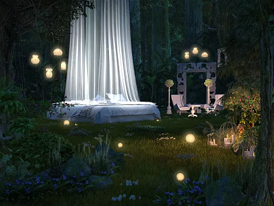 Enchanted Forest Bedroom Scene With White Drapes Glowing Lights Grass And Archway 3d model