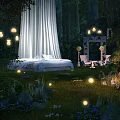 Enchanted Forest Bedroom Scene With White Drapes Glowing Lights Grass And Archway