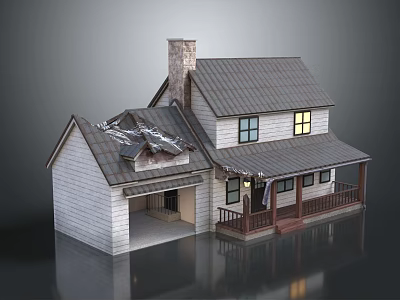 Traditional House Exterior With Gray Slate Roof Chimney Stone Walls And Wooden Porch 3d model