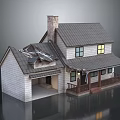 Traditional House Exterior With Gray Slate Roof Chimney Stone Walls And Wooden Porch
