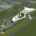 Modern Architectural Building With Unique Curved Roof Water Pool And Surrounding Trees On Lawn