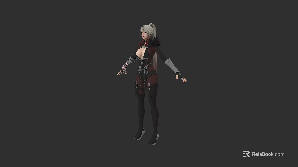 Game Movie Character With Silver Hair And Leather Red Black Outfit Standing Pose 3d model 