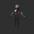 Game Movie Character With Silver Hair And Leather Red Black Outfit Standing Pose