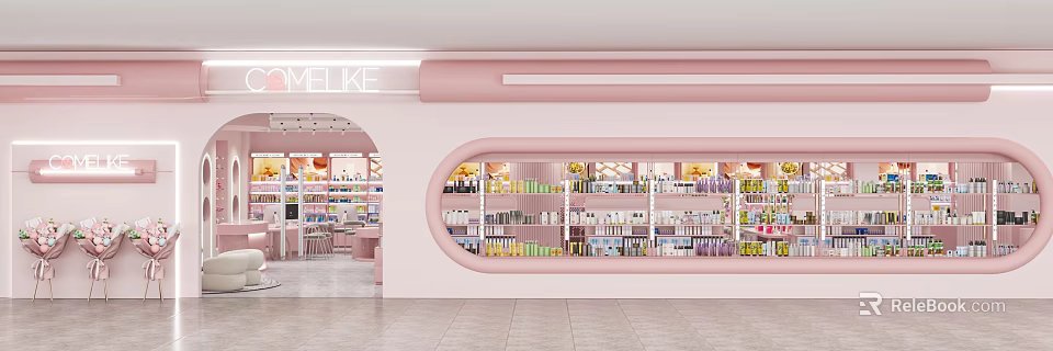 VELIKE Pink Store Interior With Curved Display Windows And Product Shelves 3d model 