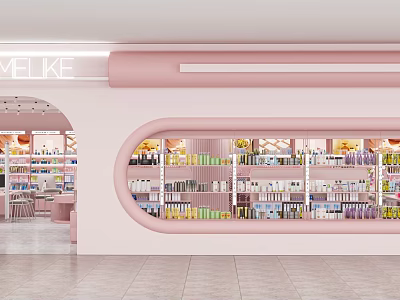 VELIKE Pink Store Interior With Curved Display Windows And Product Shelves 3d model