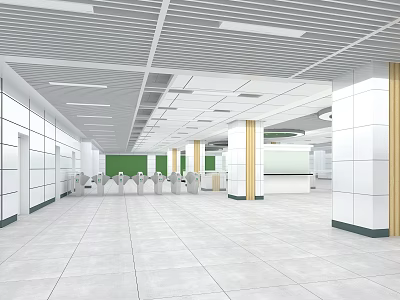 Modern Station Interior Design With White Walls Ceiling Panels Columns Tile Floor And Seating Area 3d model