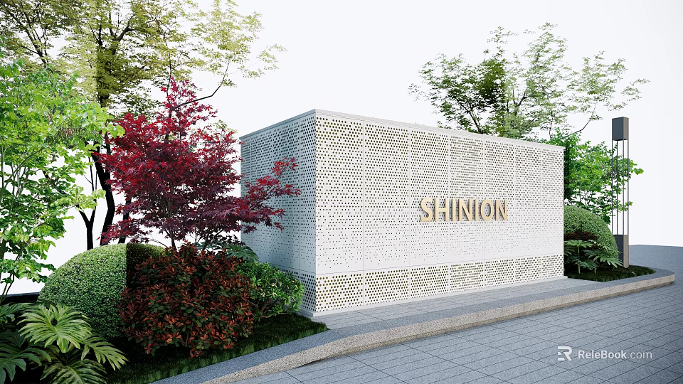 Modern Garden Landscape With White Perforated Wall SHINION Lettering Red Leaf Tree And Stone Pathway 3d model 