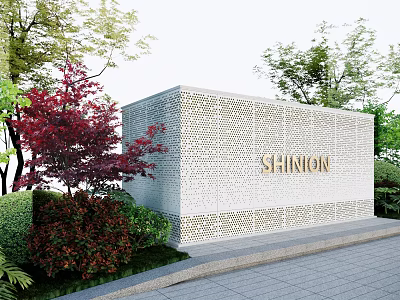 Modern Garden Landscape With White Perforated Wall SHINION Lettering Red Leaf Tree And Stone Pathway 3d model
