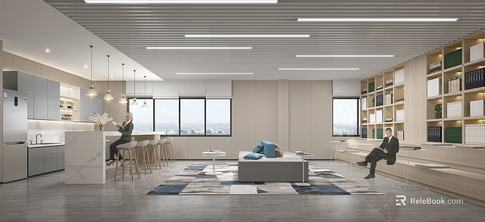 Modern Lounge Area Interior With Comfortable Sofa Area Rug And Large Windows 3d model