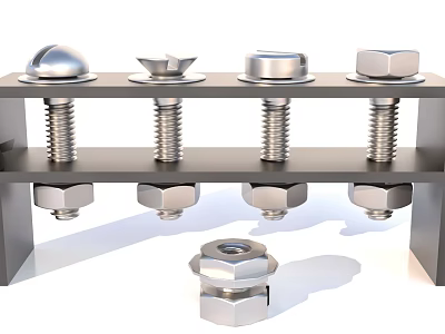 Assorted Stainless Steel Bolts and Nuts Hardware Tools on Metal Rack for Construction Projects 3d model