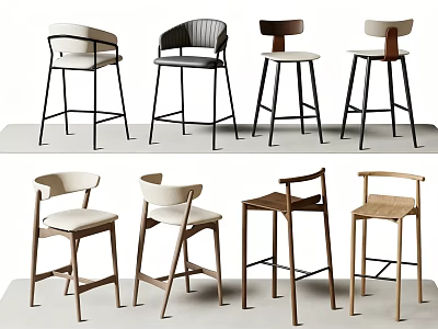 Various Modern Bar Stools With Wooden And Metal Frames In Neutral Colors 3d model