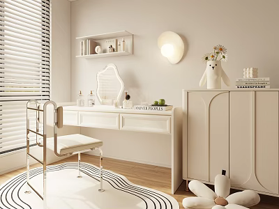 Modern White Dressing Table Interior With Round Mirror Chair Storage Cabinet Rug And Decorative Items 3d model