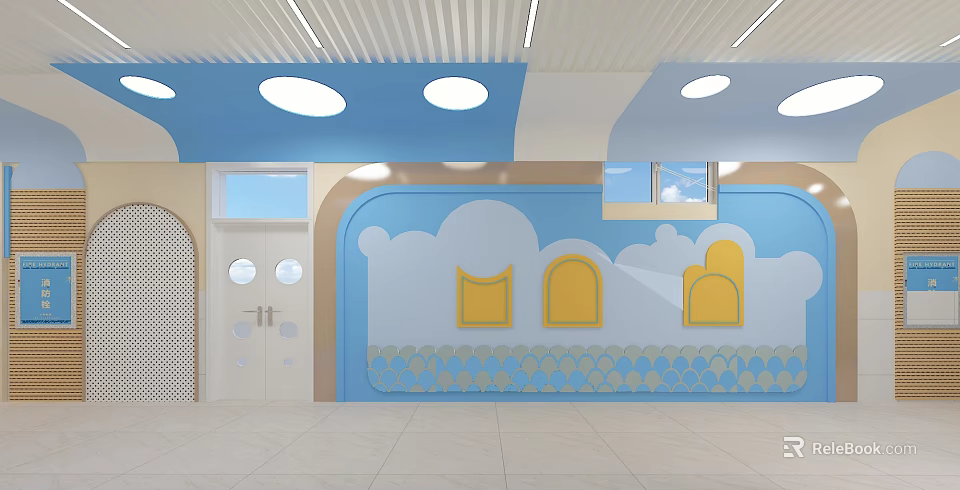 Kid Friendly Elevator Corridor With Blue Beige Walls Cloud Decorations And Round Ceiling Lights 3d model