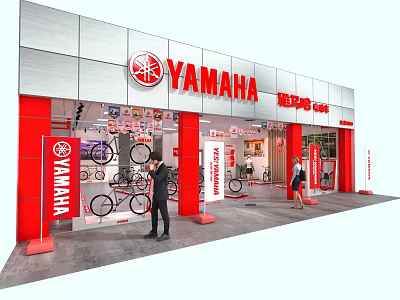 YAMAHA Bicycle Retail Store With Silver And Red Exterior Bicycle Display And Customers 3d model