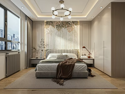 Modern Bedroom Interior With Tropical Leaf Wall Round Chandelier City View Windows And Upholstered Bed 3d model