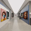 Modern Art Gallery Interior Featuring Large Elephant Painting And Sculptures With Spotlights