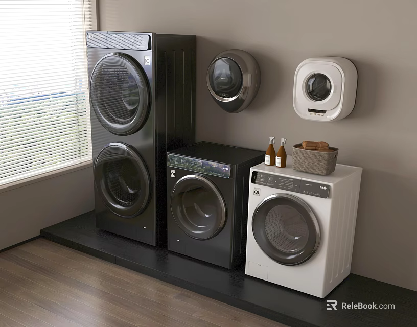 Modern Various Style Washing Machines With Black And White Design In Indoor Room 3d model 