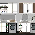 Modern Bathroom Vanity With White And Wooden Cabinets Washing Machines Mirror Plant And Toiletries