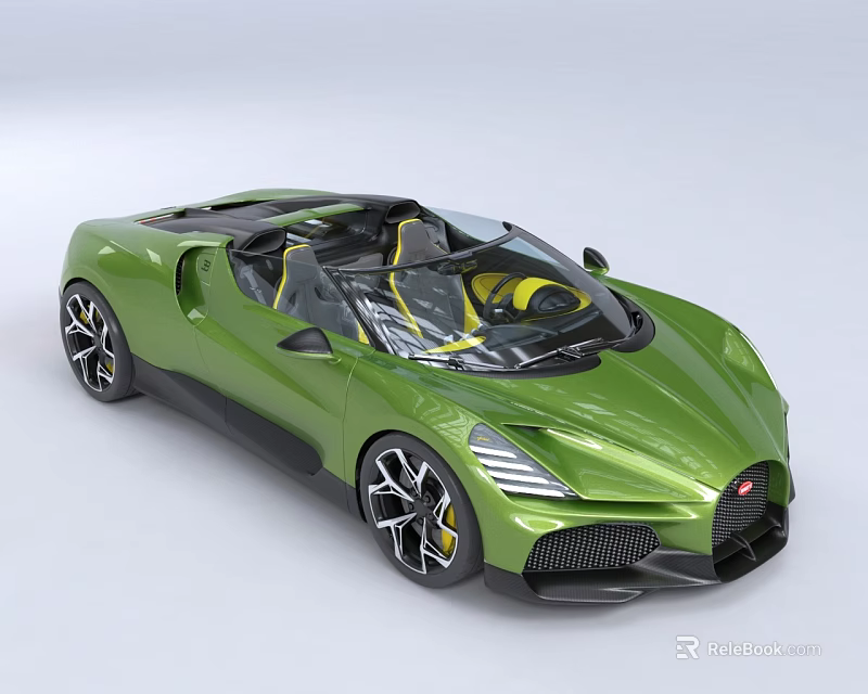 Green Bugatti Sports Car With Convertible Top Sleek Body And Yellow Interior 3d model 
