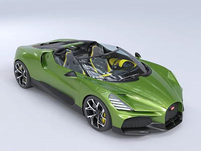 Green Bugatti Sports Car With Convertible Top Sleek Body And Yellow Interior 3d model