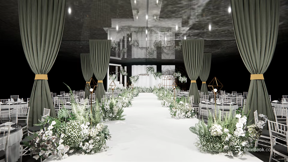 Banquet Hall with Green Curtains White Carpet and Fresh Flower Decorations 3d model 