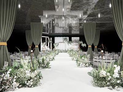 Banquet Hall with Green Curtains White Carpet and Fresh Flower Decorations 3d model