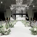 Banquet Hall with Green Curtains White Carpet and Fresh Flower Decorations