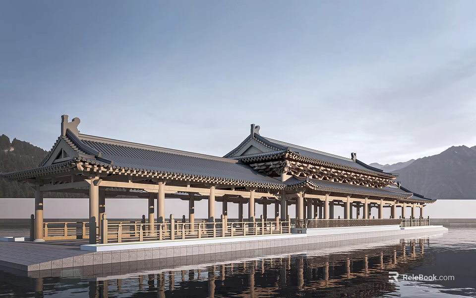 Traditional Chinese Style Landscape Bridge With Curved Eaves Over Water And Reflections 3d model 