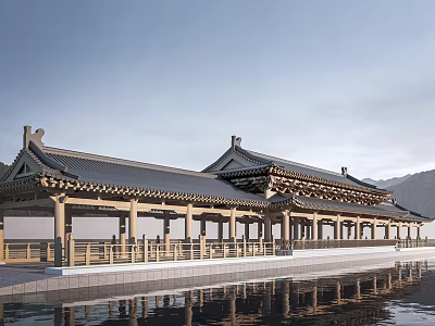 Traditional Chinese Style Landscape Bridge With Curved Eaves Over Water And Reflections 3d model