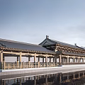 Traditional Chinese Style Landscape Bridge With Curved Eaves Over Water And Reflections