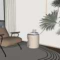 Minimalist Beige Leisure Chair With Upholstered Design Wooden Armrests And Palm Plant By Side Table