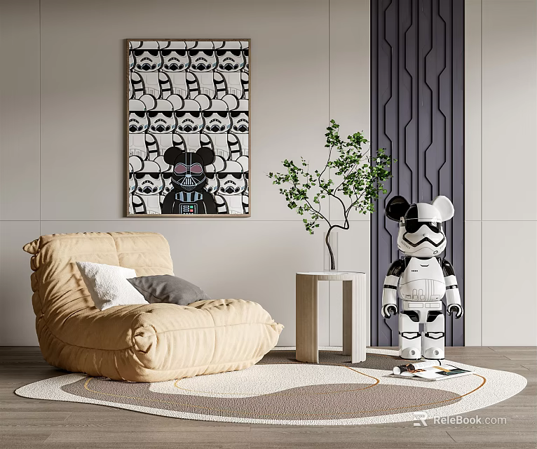 Beige Bean Bag Chair with Side Table Plant Stormtrooper Figurine Wall Art in Modern Interior 3d model 