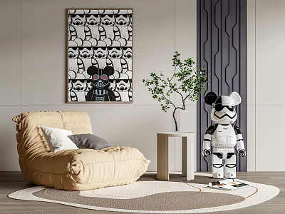 Beige Bean Bag Chair with Side Table Plant Stormtrooper Figurine Wall Art in Modern Interior 3d model