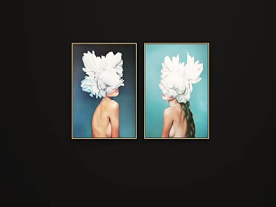Two Portrait Paintings With Golden Frames And White Flower Headdress Figures On Blue Teal Backgrounds 3d model