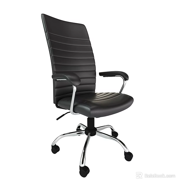Black Leather Office Chair With Striped Backrest And Metal Base Armrests Wheels 3d model 